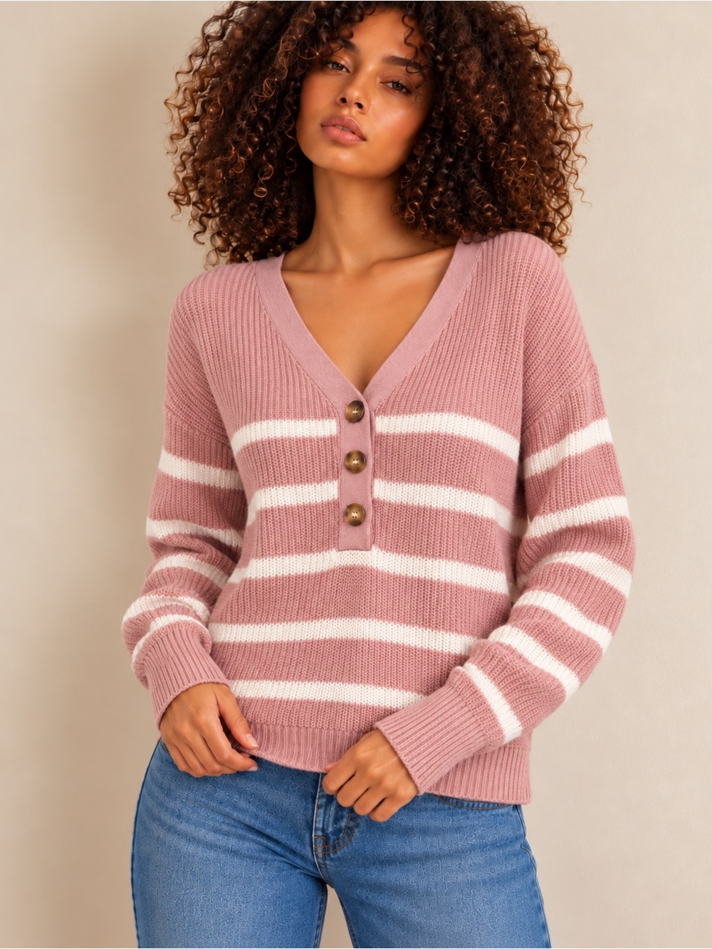 Rachel Zoe Pink White Striped Henley
Knit Sweater Cozy Preppy Women M